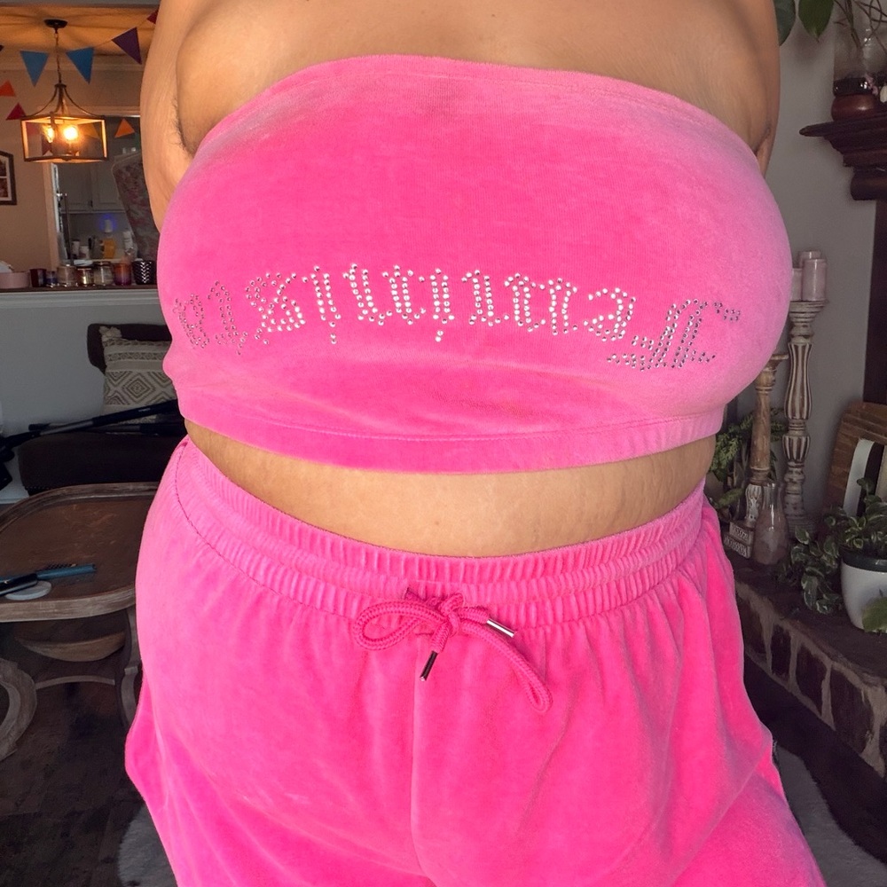 Forever 21 Hot Pink Velour Strapless Bandeau and Short Set